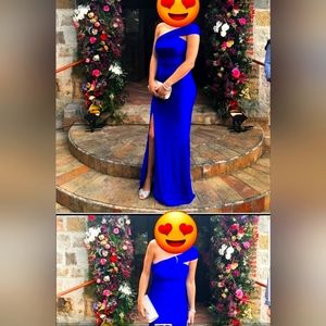 Blue satin dress with split